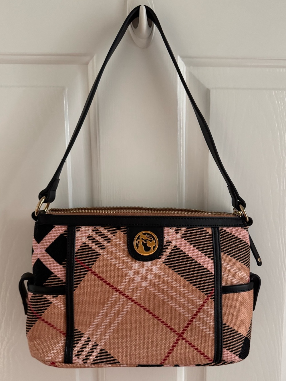 Spartina 449 Peach Black Plaid Shoulder Bag with Black Leather Trim